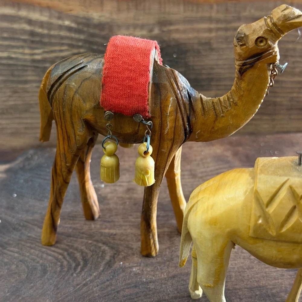Vintage Hand Carved Olive Wood Nativity Animal Figurines Set of 5 Camels Donkey